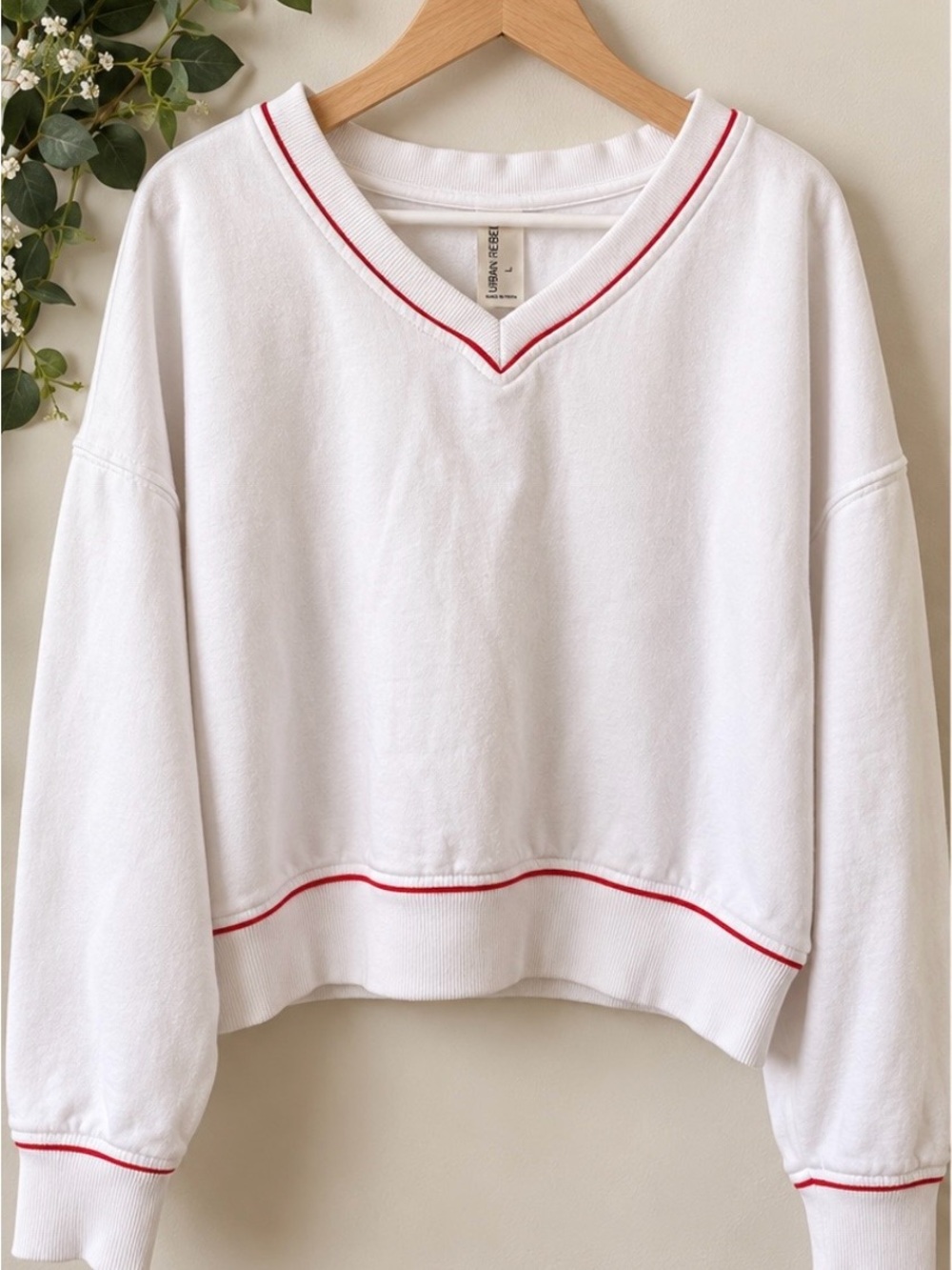 Urban Rebel White V-Neck Sweatshirt with Red Trim